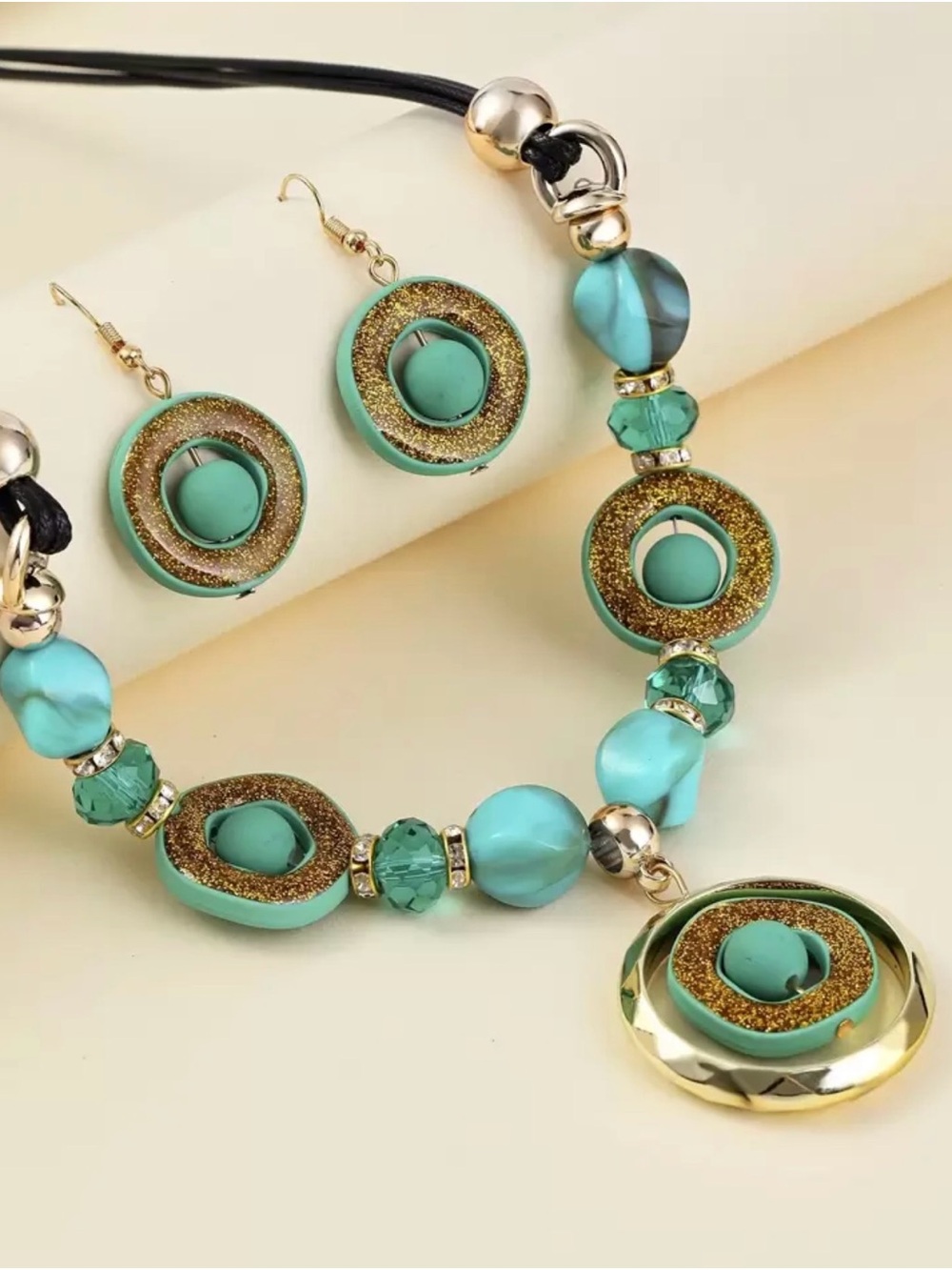Turquoise & Gold Circle Pendant Necklace and Earring Set